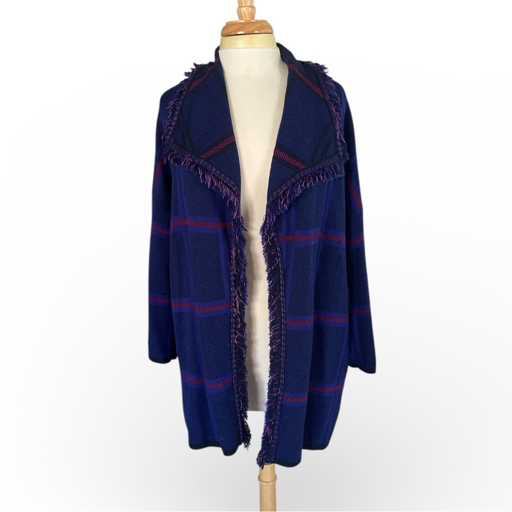 St. John Collection Royal Blue Plaid Fringe Open Front Santana Knit Jacket